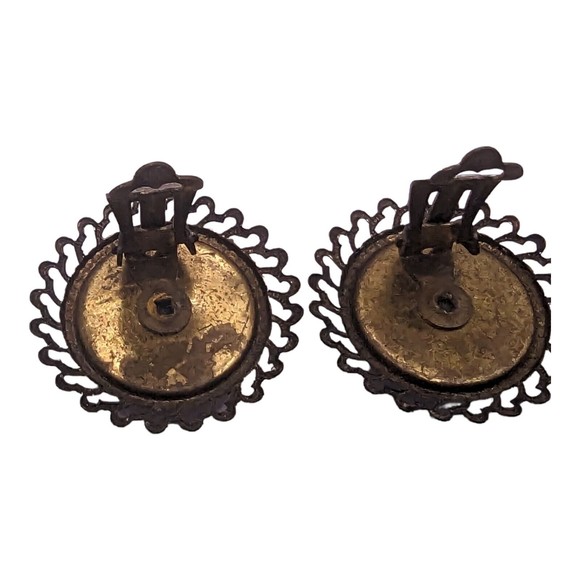 VTG Deep Blue Swirl Glass Brass Tone Round Clip-on Earrings Button West Germany - Picture 8 of 8